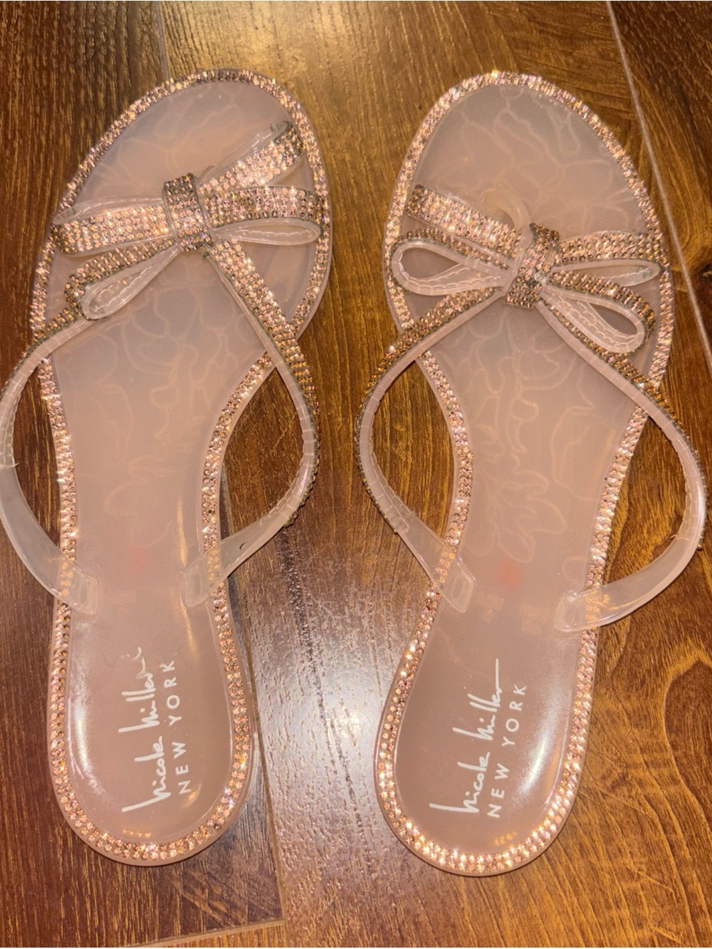 Nicole Miller Sparkle Rose Gold Bow Jelly Sandals